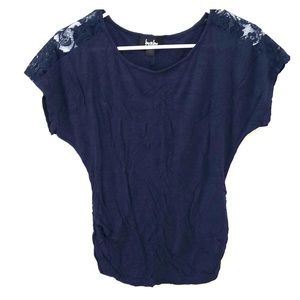 M, Navy Blue Blouse with Lace Shoulder
